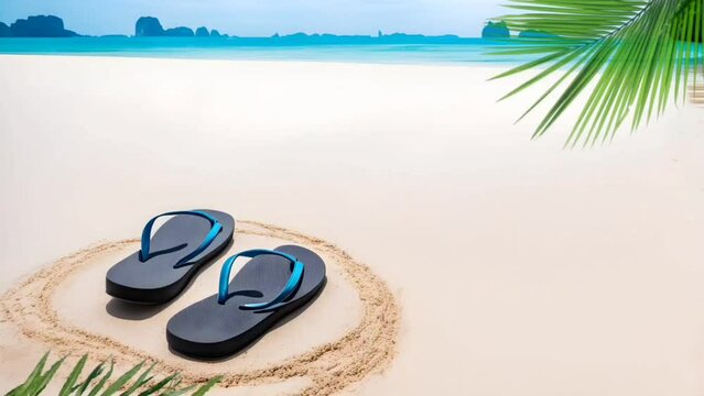 Black flip flops on the beach. Seamless looping time-lapse 4k video animation background