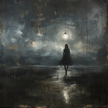 AI generated illustration of a woman strolling on a beach under a dark moon in a painting
