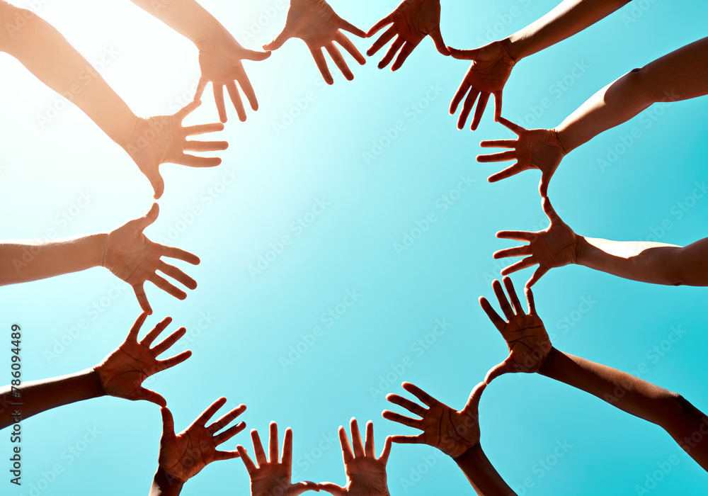 Aufkleber circle, unity and teamwork with hands with sky for trust with lens flare. earth day, care and recycl