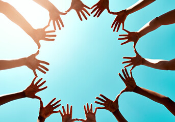 Circle, unity and teamwork with hands with sky for trust with lens flare. Earth day, care and...