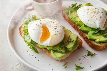Avocado toast with a perfect poached egg on top with salt and pepper served with coffee for breakfast