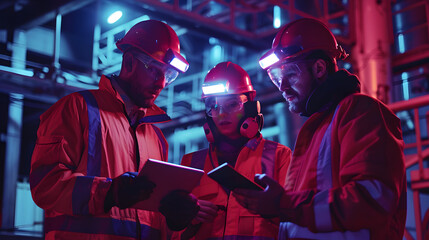 Three workers in high-visibility clothing with headlamps review a tablet in a dark industrial setting.