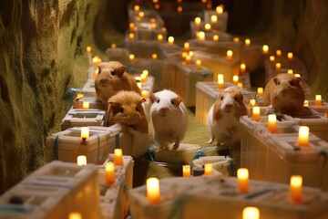 Guinea pigs enjoying a maze made of glowing tunnels. - obrazy, fototapety, plakaty
