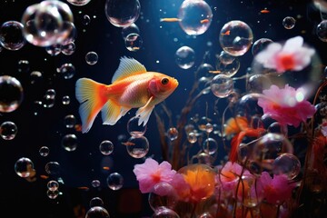 Fish swimming amidst floating illuminated bubbles in an aquarium.
