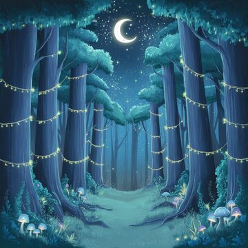 a forest on a beautiful night of peaceful moonlight and starlight
