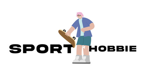 Set of cartoon characters doing sports, flat vector sport hobbies illustrations, football, rugby, badminton, rollerblading, chess, skateboarding, sports equipment icons
