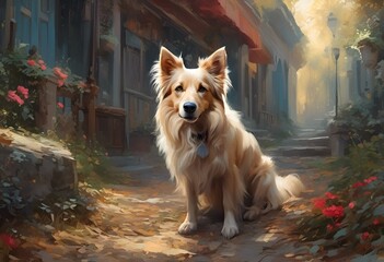 AI generated illustration of a white dog sits on city street amidst buildings and flowers