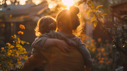 Fototapeta premium A tender moment as a mother holds two young children, their backs to the camera, against a sunset-lit home backdrop.
