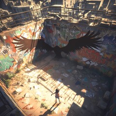 Explore the Vibrant Underworld: A Tunnel Enchanted by Colossal Graffitied Wings and a Silhouetted Traveler