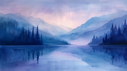 a painting on canvas depicting a mountain range reflected in a river - obrazy, fototapety, plakaty