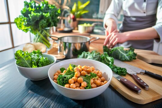 Cooking with kale and chickpeas - ingredients on the table