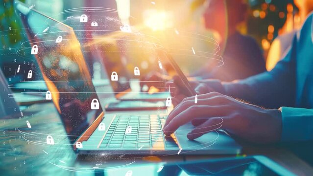 Team collaboration with laptops and digital encryption, secure data concept