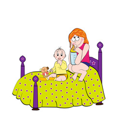 Mujer y su bebé sentados en la cama.