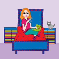 Mujer sentada en la cama con libro y con taza de café.