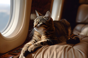 Tabby Cat Enjoys Plane Cabin Light at Sunset. Generative AI