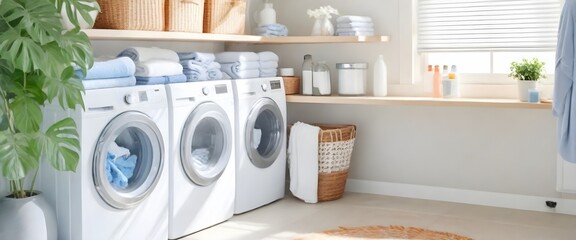 Modern Laundry Room with Stylish Organization. Home Interior Concept. Home Improvement - obrazy, fototapety, plakaty