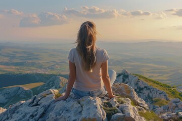 Naklejka na ściany i meble Young woman looking out at the view from top of the mountain. AI generative