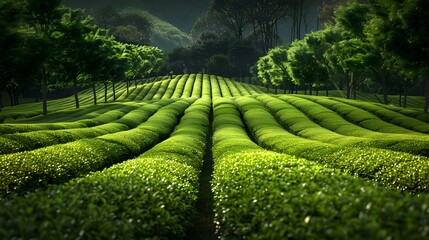 Verdant Tea Plantation at Twilight. Generative AI