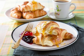Freshly baked croissants with honey, jam and coffee for breakfast