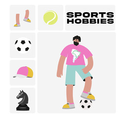 Set of cartoon sports people who have different hobbies, flat vector sport hobbies illustrations, football, rugby, badminton, rollerblading, chess, skateboarding, table tennis, sports equipment icons