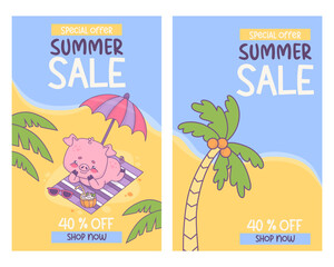 Summer sale discount posters. Happy smiling pig sunbathing resting under parasol and palm on beach. Funny relaxing cartoon animal character. Isolated vertical gift shopping cards. Vector illustration