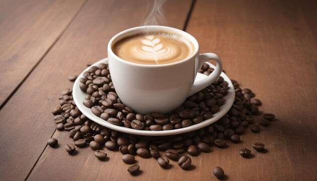 Hot Coffee cup and coffee beans roating on the wooden table