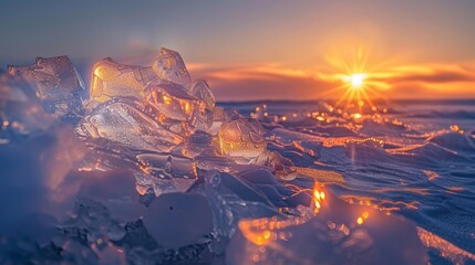 ice is covered by water, with the sun shining on the background