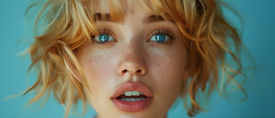 Stunned Blonde with Wide Eyes on Blue. Concept Portrait, Expression, Blonde Hair, Wide Eyes, Blue Background - obrazy, fototapety, plakaty