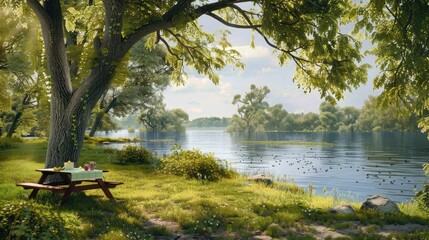 A serene lakeside picnic unfolds under the dappled shade of lush green trees, with laughter echoing across the water.