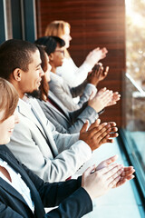 Business people, smile and clapping in meeting with success for onboarding, welcome and support....