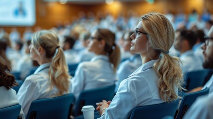In a medical conference or symposium healthcare professionals attend educational sessions and workshops on topics such as medical research