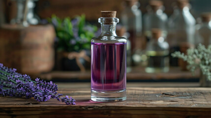 Obraz na płótnie Canvas A bottle of lavender essential oil is placed on a wood