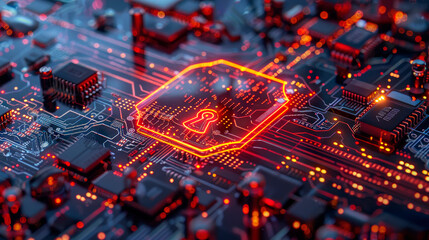 A depiction of a cybersecurity shield on computer circuit board. Cyberspace and encryption concept. - obrazy, fototapety, plakaty
