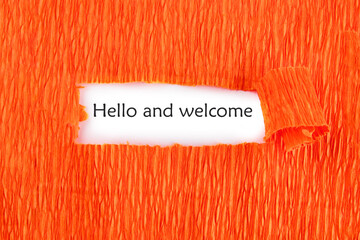 Hello and welcome text on a white sheet under an orange background