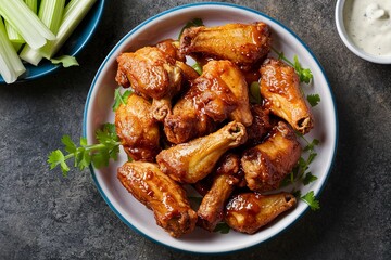 Sweet and spicy chicken wings with glaze served with celery sticks and ranch dressing