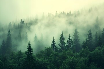 Trees and fog in a forest with clouds overhead, AI-generated.