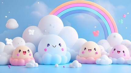 Whimsical Pastel Spirits Playing Hide and Seek in the Clouds Beneath a Gentle Rainbow