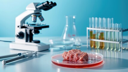 Laboratory table in a biological or chemical laboratory with pieces of artificial synthetic meat in a Petri dish, a microscope and test tubes