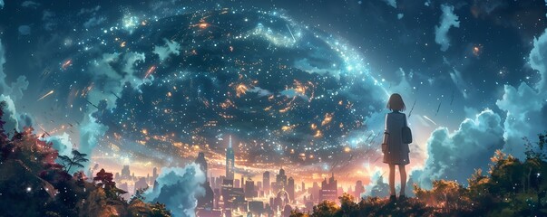 Enchanting Anime Bookshop Floating in the Cosmic Expanse A Portal to Boundless Fantasy Realms - obrazy, fototapety, plakaty