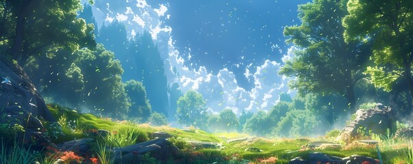 Vibrant Anime Style Natural Setting with Mystical Creatures Merging in Tableau of Mystery and Natural Beauty