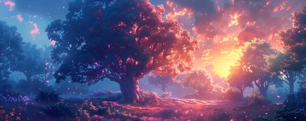 Vibrant Mystical Anime Style Forest Scene with Ethereal Creatures Blending into Nature