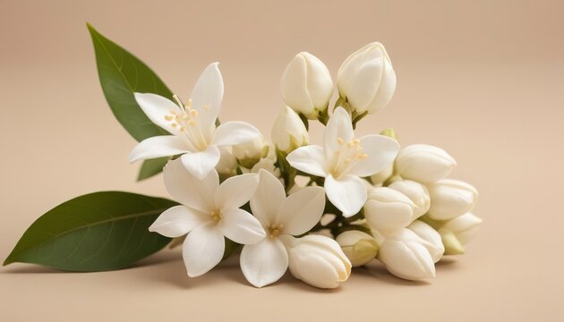 White mogra or arabian jasmine or Jasminum sambac flower Buds on Beige background