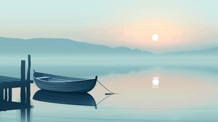 AI generated illustration of a minimalistic boat in a lake at sunset