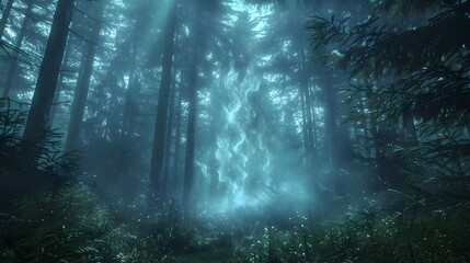 Obraz premium Mystical spirits casting ancient spells in a dark dense forest with their magical glow illuminating the enchanted undergrowth