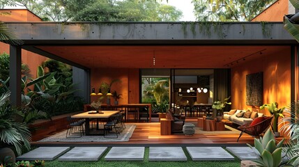 Fototapeta na wymiar Spacious backyard with wooden furniture and lush greenery, AI-generated.