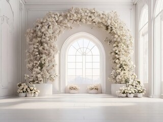 Generative AI of white room with arch and flowers in the wall - obrazy, fototapety, plakaty