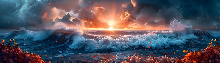 Tempestuous Lake with Vibrant Flower Petals Scattered Across Turbulent Waves Under Dramatic Sunset Sky