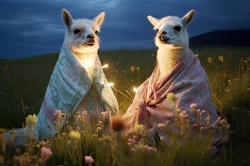 Llamas wearing fairy light-adorned blankets in a meadow. - obrazy, fototapety, plakaty