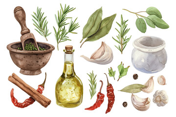 Vector hand drawn set with culinary herbs and spices. Sketch illustration. Watercolor set illustration © Pickoloh