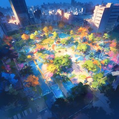 Brightly Lit Urban Park at Sunset with Children Playing - Aerial Perspective